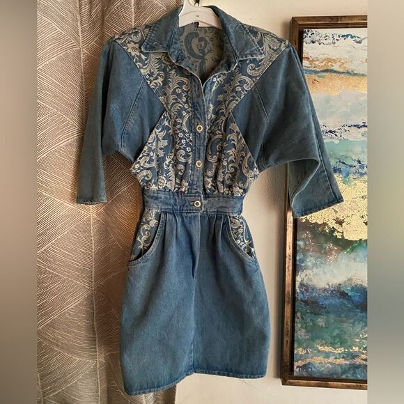 1980s In-Tice-Ment Dolman Sleeve Denim Dress Shoulder Pads Size 0 Embroidered - Picture 1 of 16